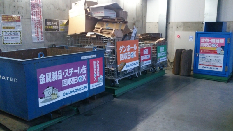 金属製品・スチール缶回収BOX・ダンボール回収BOX、新聞回収BOX、雑誌回収BOX、古布・繊維類回収BOX