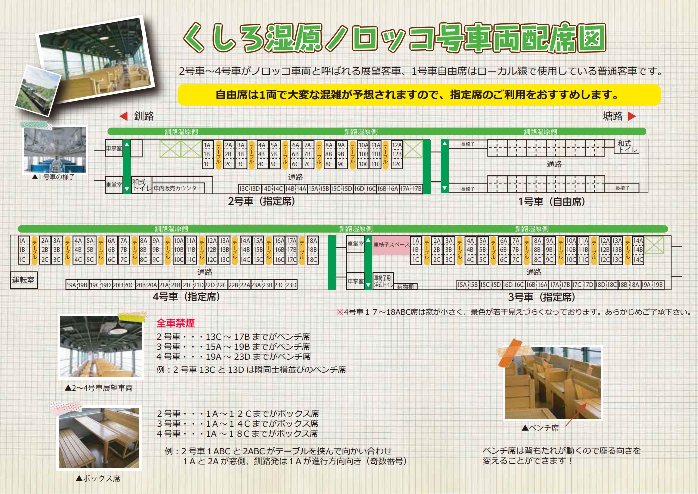 くしろ湿原ノロッコ号の座席表・座席図(指定席・自由席)