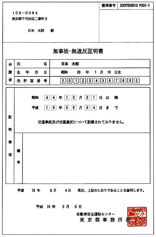 無事故・無違反証明書