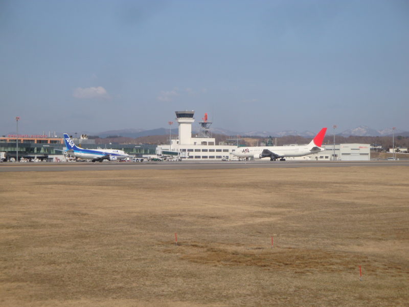 函館空港をバックにANA機とJAL機
